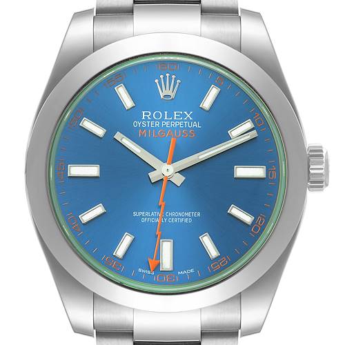 This image shows a front view of a Rolex Milgauss 116400 Men's Stainless Steel Blue Dial 116400 Men's Stainless Steel Blue Dial watch, showcasing its blue dial, hour markers, and silver bracelet.