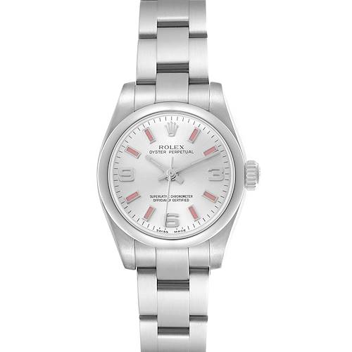 The Rolex Oyster Perpetual 176200 Women's Stainless Steel Silver Dial 176200 Women's Stainless Steel Silver Dial watch is shown from the front, displaying the dial, hands, case, and part of the bracelet.