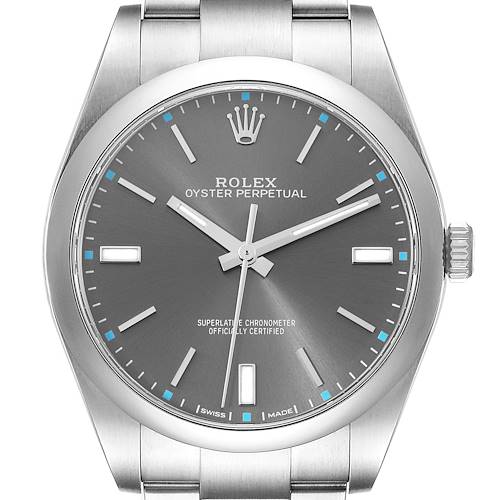 This image shows a front view of the Rolex Oyster Perpetual 114300 Men's Stainless Steel Grey Dial 114300 Men's Stainless Steel Grey Dial watch, highlighting its dial, hands, and part of the bracelet.