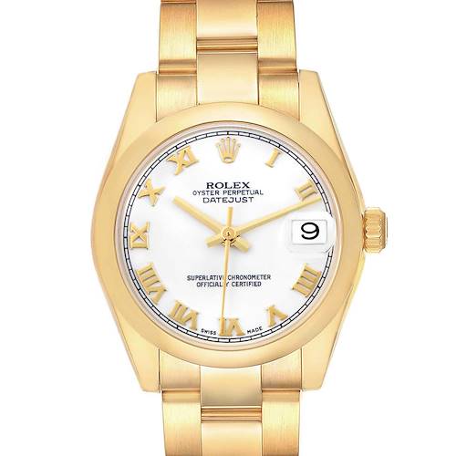 The Rolex Datejust Mid-Size is shown from the front, displaying the dial, Roman numerals, date window, and part of the bracelet.