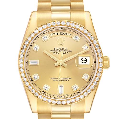 The image shows a front view of the Rolex President 118348 Men's Yellow Gold Champagne Dial 118348 Men's Yellow Gold Champagne Dial model, highlighting the dial, bezel, and bracelet.