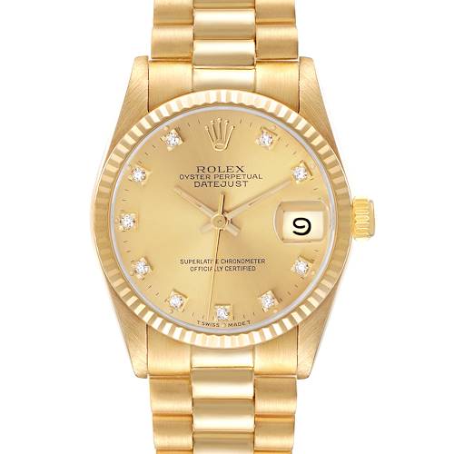 The Rolex Datejust Mid-Size watch is shown from the front, highlighting the dial, bracelet, bezel, and crown.