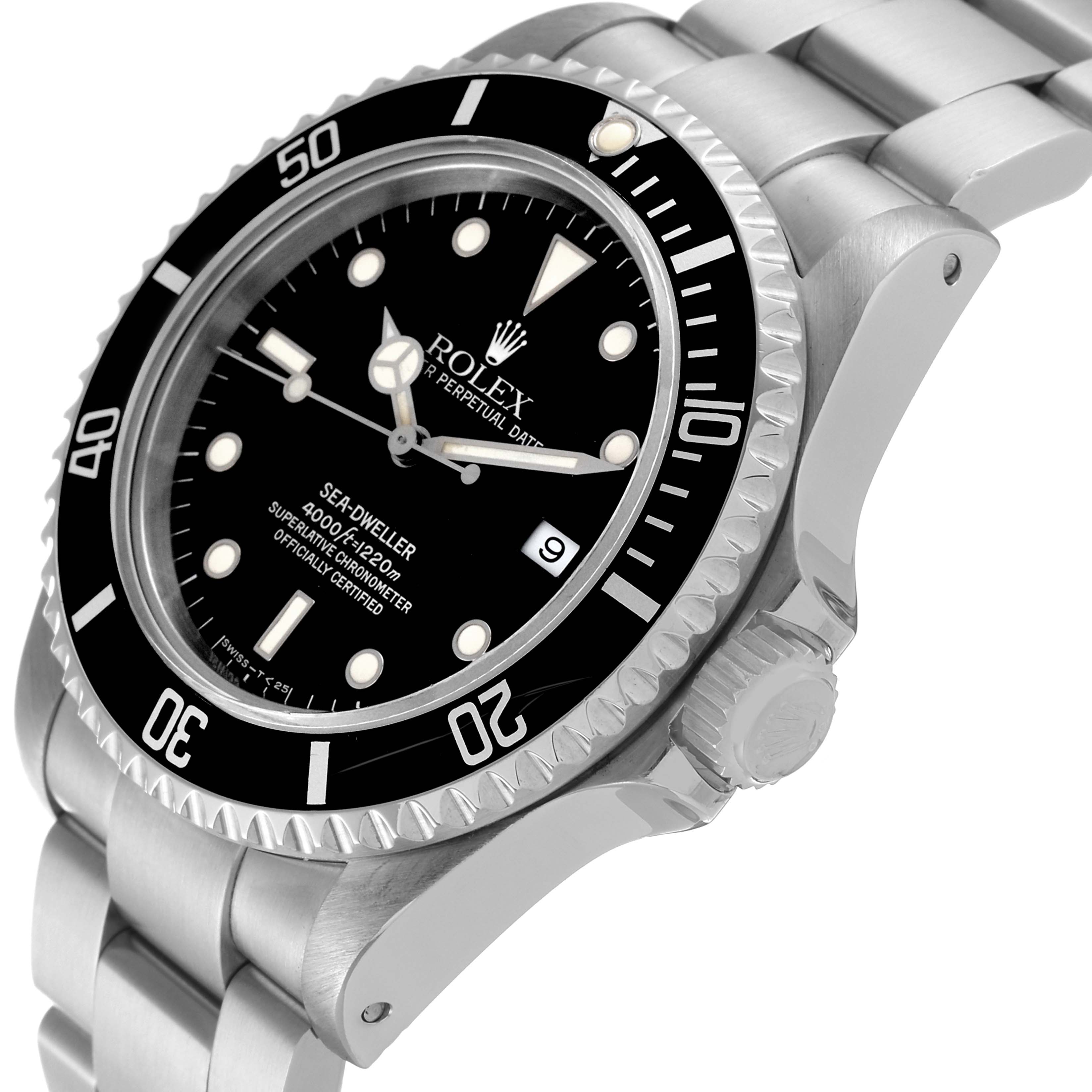 This image shows the Rolex Sea-Dweller 16600 Men's Stainless Steel Black Dial 16600 Men's Stainless Steel Black Dial watch at an angled side view, highlighting the bezel, dial, crown, and bracelet.