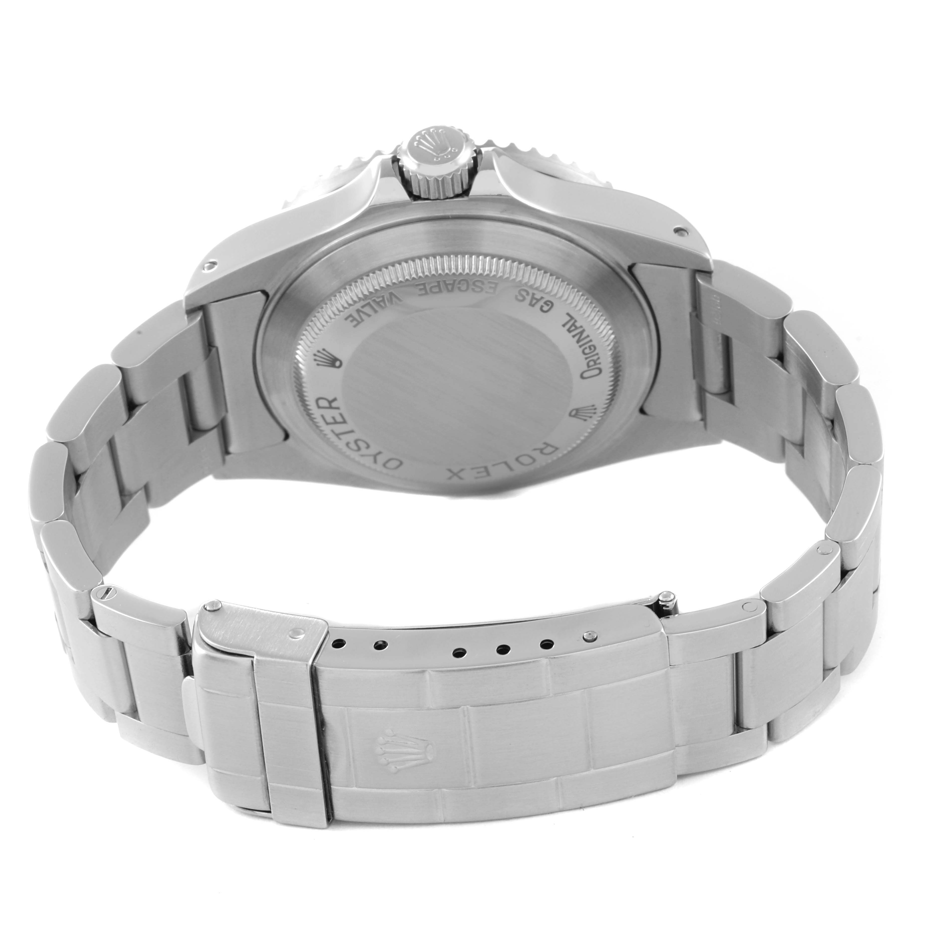 This image shows the back case and stainless steel bracelet of a Rolex Sea-Dweller 16600 Men's Stainless Steel Black Dial 16600 Men's Stainless Steel Black Dial watch from a rear angle.