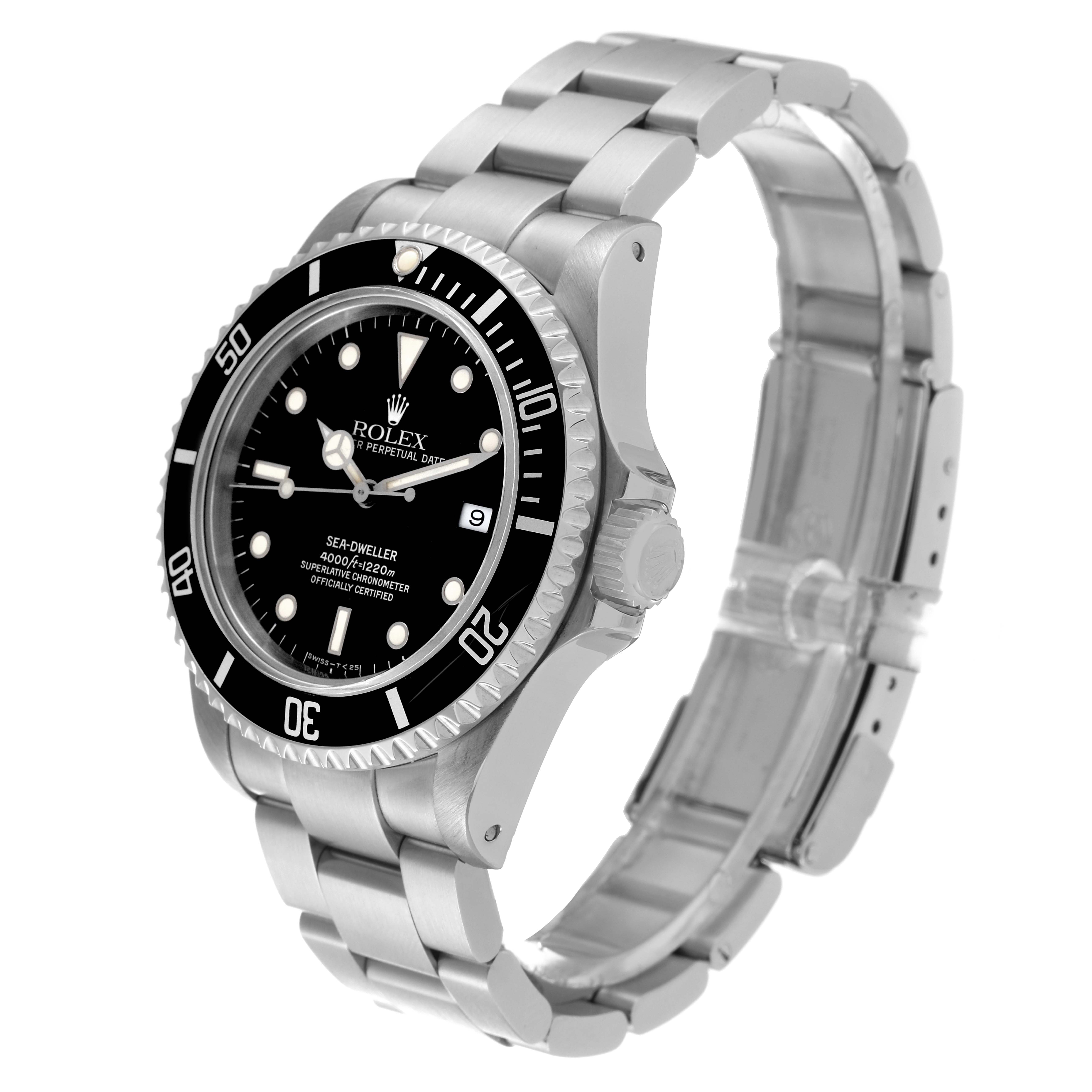 This image shows a Rolex Sea-Dweller 16600 Men's Stainless Steel Black Dial 16600 Men's Stainless Steel Black Dial watch at a three-quarter angle displaying its face, bezel, crown, and part of the bracelet.