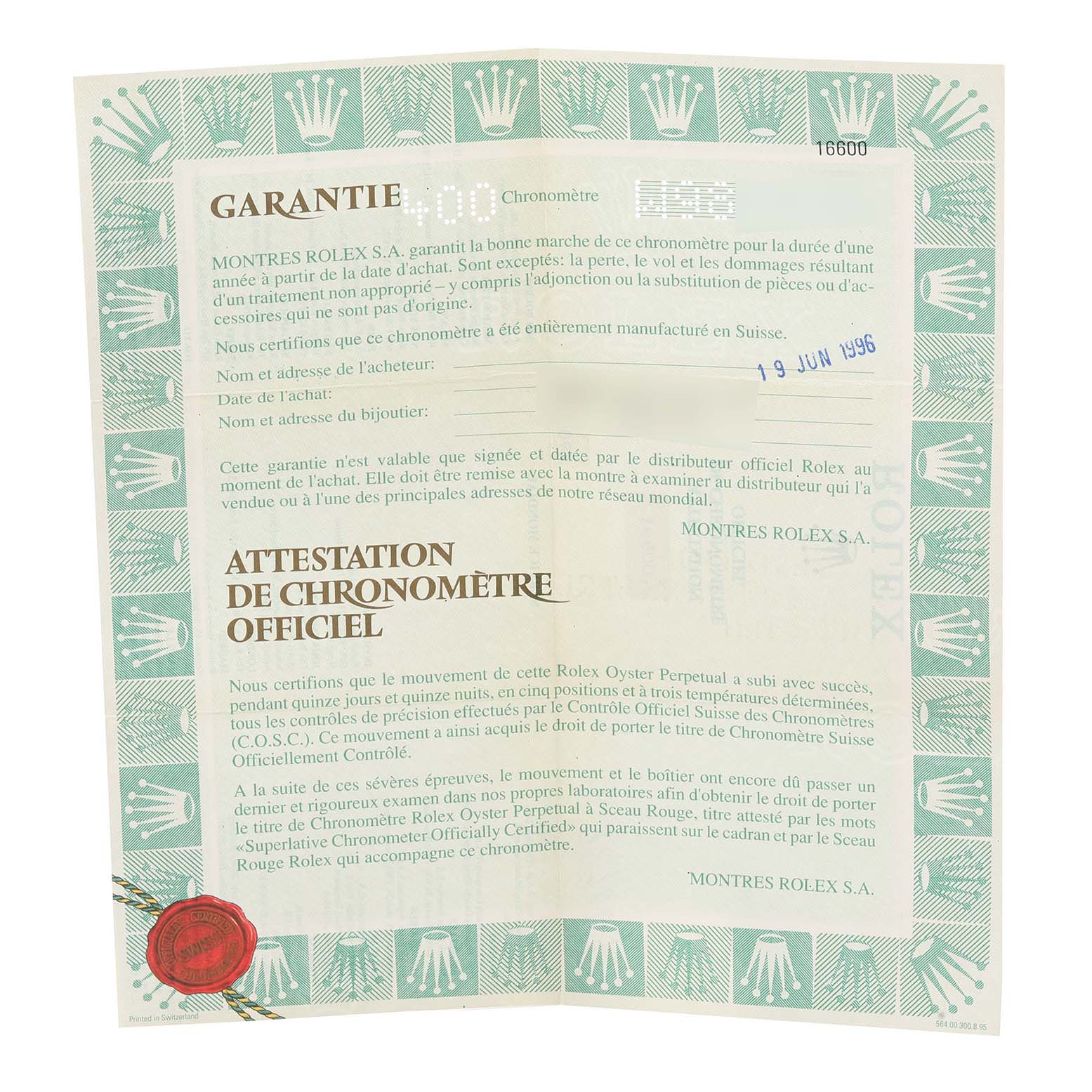 This image shows a warranty certificate for the Rolex Sea-Dweller 16600 Men's Stainless Steel Black Dial 16600 Men's Stainless Steel Black Dial watch, highlighting text and official seals.