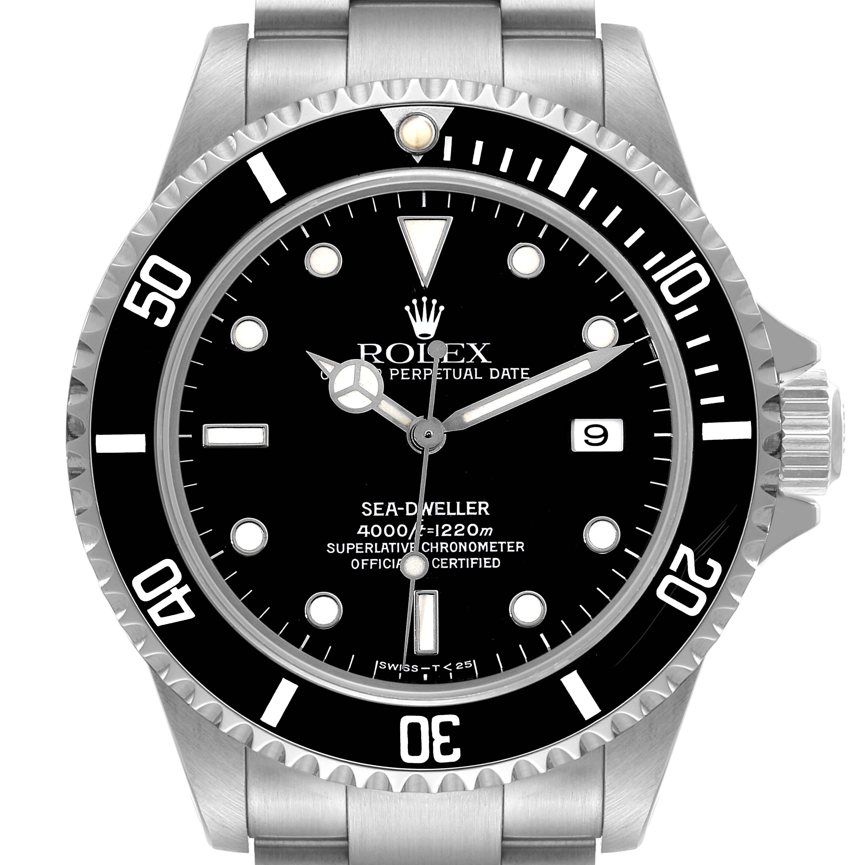 This image shows a front view of the Rolex Sea-Dweller 16600 Men's Stainless Steel Black Dial 16600 Men's Stainless Steel Black Dial watch, highlighting its dial, bezel, hands, and date display.