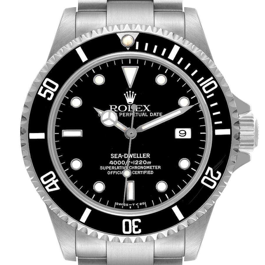 This image shows a front view of the Rolex Sea-Dweller 16600 Men's Stainless Steel Black Dial 16600 Men's Stainless Steel Black Dial watch, highlighting its dial, bezel, hands, and date display.