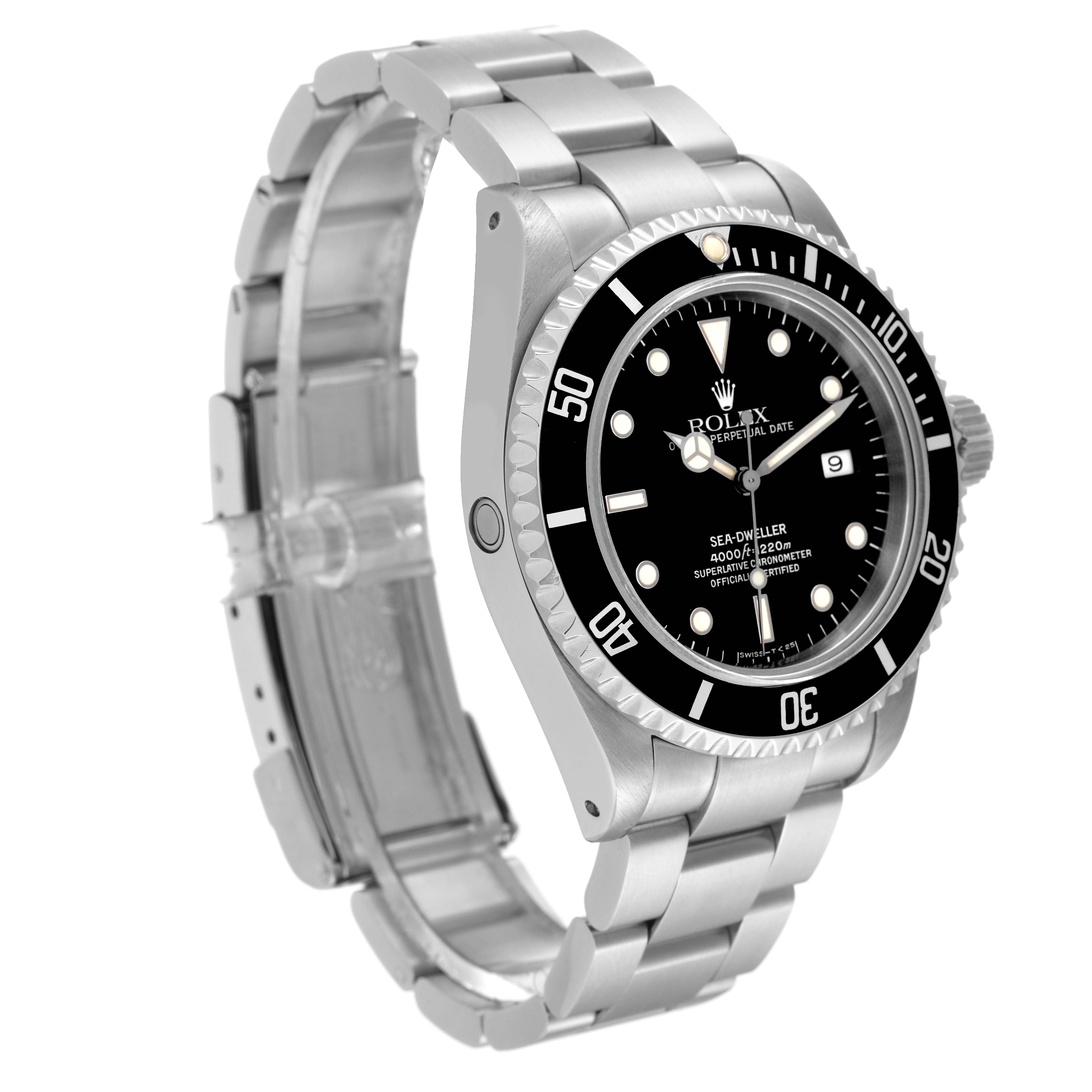 This image shows a Rolex Sea-Dweller 16600 Men's Stainless Steel Black Dial 16600 Men's Stainless Steel Black Dial watch at a three-quarter angle, displaying its face, bezel, case, crown, and part of the bracelet.