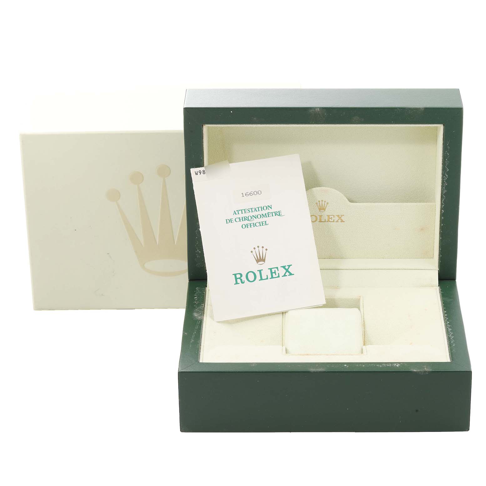 The image shows an open Rolex Sea-Dweller 16600 Men's Stainless Steel Black Dial 16600 Men's Stainless Steel Black Dial watch box with its official chronometer certification card.