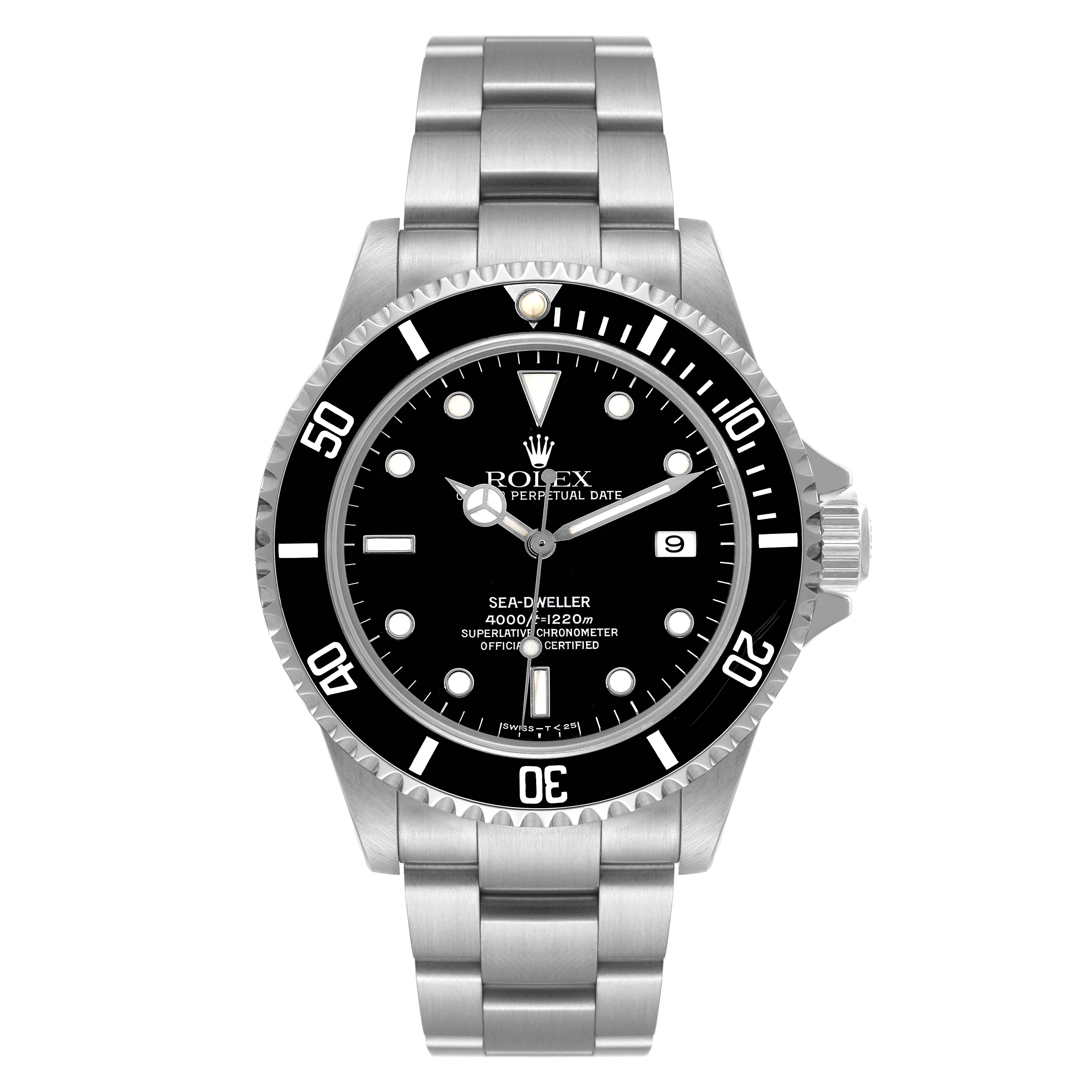The image shows the face and bracelet of the Rolex Sea-Dweller 16600 Men's Stainless Steel Black Dial 16600 Men's Stainless Steel Black Dial watch, viewed from the front.
