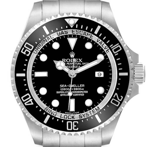 The Rolex Sea-Dweller 116660 Men's Stainless Steel Black Dial 116660 Men's Stainless Steel Black Dial watch is shown from a front angle, highlighting the dial, bezel, and part of the bracelet.