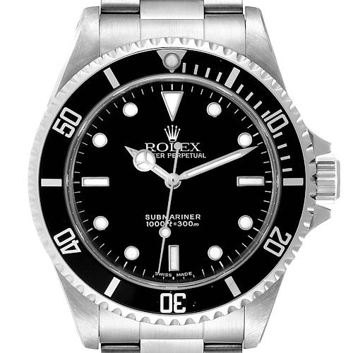 The image shows a frontal view of the Rolex Submariner 14060 Men's Stainless Steel Black Dial 14060 Men's Stainless Steel Black Dial watch, highlighting its bezel, dial, and part of the bracelet.