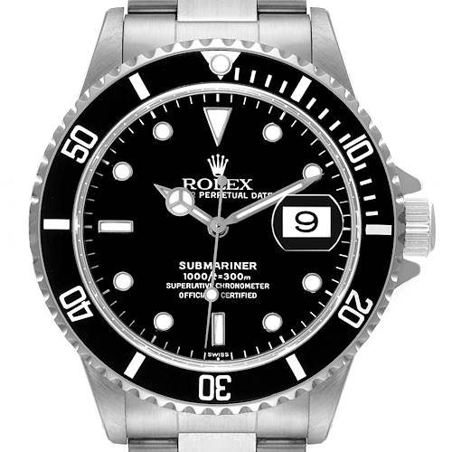 The image shows a front view of the Rolex Submariner 16610 Men's Stainless Steel Black Dial 16610 Men's Stainless Steel Black Dial watch, highlighting its dial, bezel, and steel bracelet.