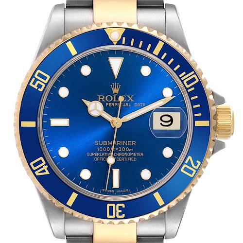 The image shows a front view of the Rolex Submariner 16613 Men's Steel and Gold (two tone) Blue Dial 16613 Men's Steel and Gold (two tone) Blue Dial watch, highlighting the blue dial, date window, and the two-tone case and bezel.