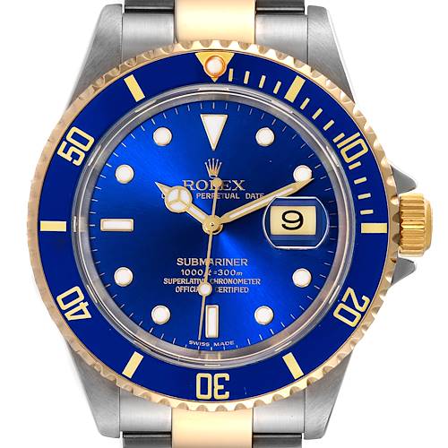 The image shows a close-up, front angle of the Rolex Submariner 16613 Men's Steel and Gold (two tone) Blue Dial 16613 Men's Steel and Gold (two tone) Blue Dial watch, highlighting the blue dial, date display, and bezel.