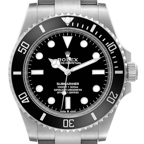 The image shows the front view of the Rolex Submariner 124060 Men's Stainless Steel Black Dial 124060 Men's Stainless Steel Black Dial watch, displaying its dial, bezel, and part of the bracelet.