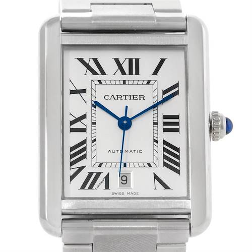 The image shows the front face of the Cartier Tank Solo W5200028 Men's Stainless Steel Silver Dial W5200028 Men's Stainless Steel Silver Dial watch, highlighting its rectangular case, Roman numerals, and blue hands.