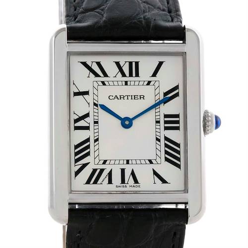 The image shows a front view of the Tank Solo model by Cartier, displaying the face, hands, and a portion of the strap.