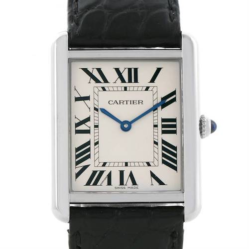This Cartier Tank Solo W1018355 Men's Stainless Steel Silver Dial W1018355 Men's Stainless Steel Silver Dial watch is shown from the front, displaying its face, Roman numerals, hands, and partial strap.