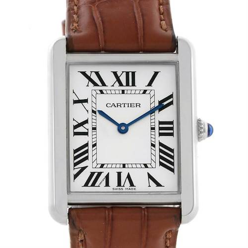 The image shows a front view of the Cartier Tank Solo W1018355 Men's Stainless Steel Silver Dial W1018355 Men's Stainless Steel Silver Dial watch, highlighting the face, Roman numeral dial, and brown leather strap.