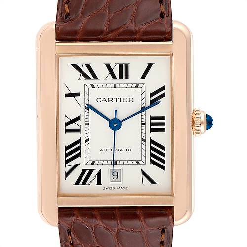 The image shows a front view of the Cartier Tank Solo W5200026 Men's Steel and Gold (two tone) Silver Dial W5200026 Men's Steel and Gold (two tone) Silver Dial watch, emphasizing its rectangular dial, brown leather strap, and crown with a blue cabochon.