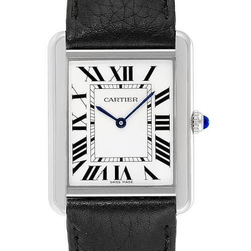 This image shows a front view of the Tank Solo watch by Cartier, highlighting the Roman numeral dial, blue hands, and black leather strap.