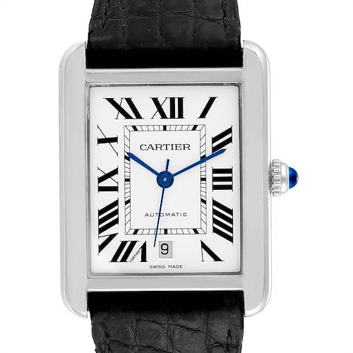 The image shows a front view of a Cartier Tank Solo W5200027 Men's Stainless Steel Silver Dial W5200027 Men's Stainless Steel Silver Dial watch, highlighting its dial, Roman numerals, blue hands, and date window.