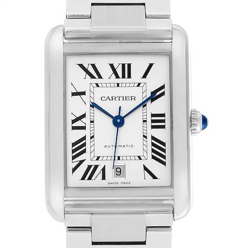 The image shows a front view of the Cartier Tank Solo W5200028 Men's Stainless Steel Silver Dial W5200028 Men's Stainless Steel Silver Dial watch, highlighting its face, Roman numerals, and blue hands.