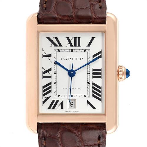 The image shows a frontal view of the Cartier Tank Solo W5200026 Men's Steel and Gold (two tone) Silver Dial W5200026 Men's Steel and Gold (two tone) Silver Dial watch, highlighting its rectangular dial and leather strap.