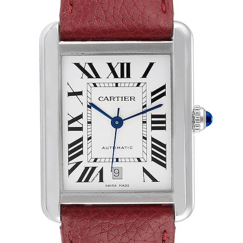 This Cartier Tank Solo W5200027 Men's Stainless Steel Silver Dial W5200027 Men's Stainless Steel Silver Dial model watch displays a frontal view, showcasing the dial, hands, date window, and a portion of the red leather strap.