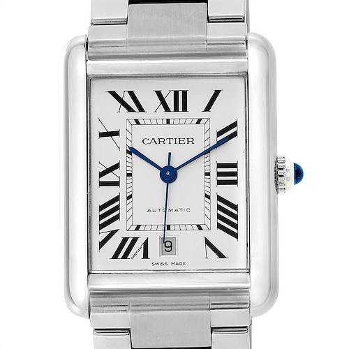 This image shows a Cartier Tank Solo W5200028 Men's Stainless Steel Silver Dial W5200028 Men's Stainless Steel Silver Dial watch, captured straight-on, highlighting the face, hands, and part of the bracelet.