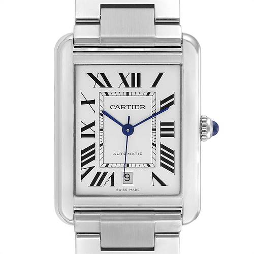 The image shows a front view of the Cartier Tank Solo W5200028 Men's Stainless Steel Silver Dial W5200028 Men's Stainless Steel Silver Dial watch, highlighting the face, bracelet, and crown.