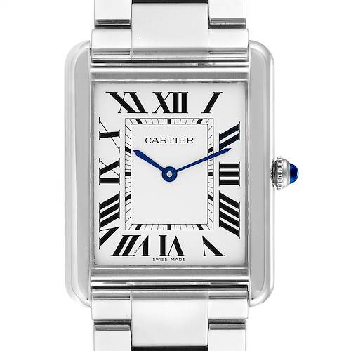 The image shows a front view of the Cartier Tank Solo W5200014 Men's Stainless Steel Silver Dial W5200014 Men's Stainless Steel Silver Dial watch, highlighting its rectangular face, Roman numerals, and metal bracelet.