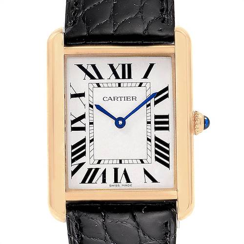 This image shows a Cartier Tank Solo W1018855 Men's Steel and Gold (two tone) Silver Dial W1018855 Men's Steel and Gold (two tone) Silver Dial watch head-on with its rectangular face, Roman numerals, blue hands, and black leather strap.