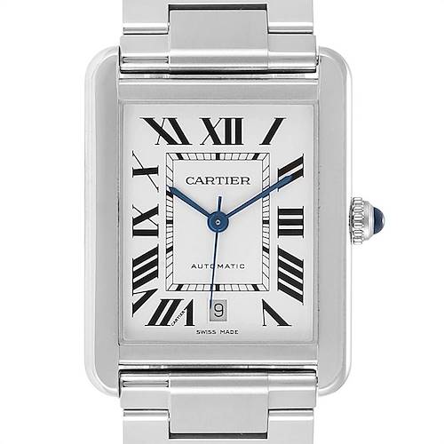 The image shows a close-up of the dial and part of the band of the Cartier Tank Solo W5200028 Men's Stainless Steel Silver Dial W5200028 Men's Stainless Steel Silver Dial watch.