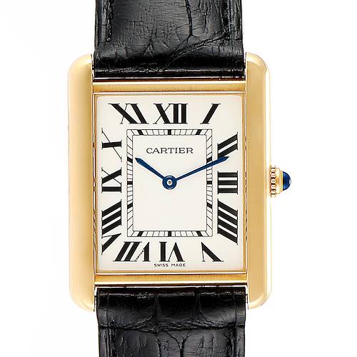 The image shows a front view of the Cartier Tank Solo W1018855 Men's Steel and Gold (two tone) Silver Dial W1018855 Men's Steel and Gold (two tone) Silver Dial watch, highlighting its face, Roman numeral markers, and leather strap.