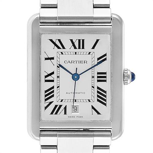 This image shows a frontal view of the Cartier Tank Solo W5200028 Men's Stainless Steel Silver Dial W5200028 Men's Stainless Steel Silver Dial watch, highlighting its dial, Roman numerals, hands, date window, and bracelet.