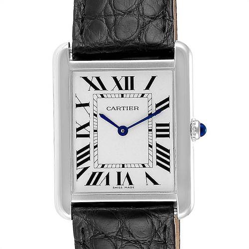 The image shows a front view of the Cartier Tank Solo W1018355 Men's Stainless Steel Silver Dial W1018355 Men's Stainless Steel Silver Dial watch, highlighting its dial, Roman numerals, and leather strap.