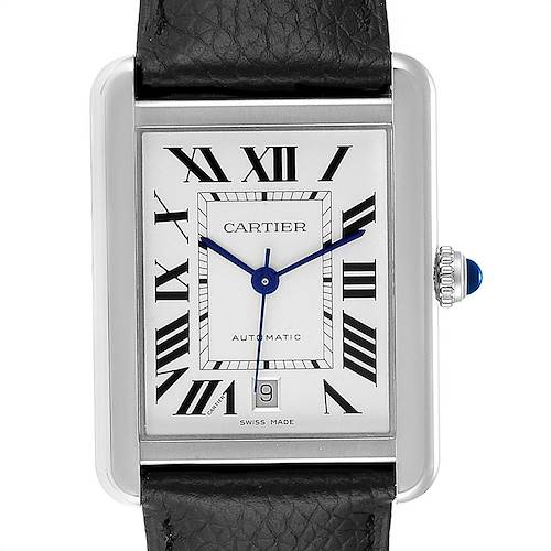 The Cartier Tank Solo W5200027 Men's Stainless Steel Silver Dial W5200027 Men's Stainless Steel Silver Dial watch is shown from a front angle, highlighting the face, Roman numerals, and part of the leather strap.