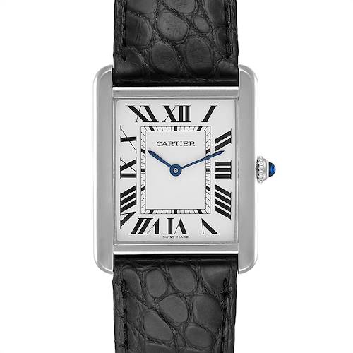 This image shows a front view of the Cartier Tank Solo W1018355 Men's Stainless Steel Silver Dial W1018355 Men's Stainless Steel Silver Dial watch, highlighting its face, Roman numerals, blue hands, crown, and black leather strap.