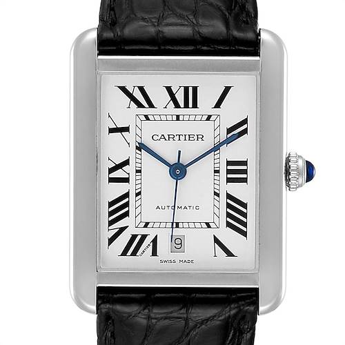 This image shows a close-up of the Cartier Tank Solo W5200027 Men's Stainless Steel Silver Dial W5200027 Men's Stainless Steel Silver Dial watch face, highlighting its dial, hands, and part of the strap.