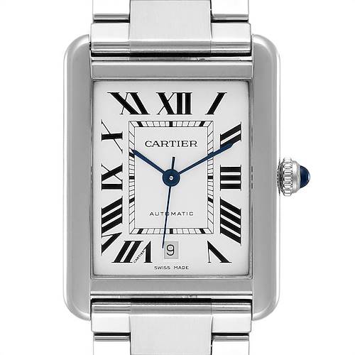 The image shows the Cartier Tank Solo W5200028 Men's Stainless Steel Silver Dial W5200028 Men's Stainless Steel Silver Dial watch face in a close-up view, including its Roman numeral dial, hands, and date window.