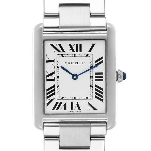 The image shows a close-up of the Cartier Tank Solo W5200014 Men's Stainless Steel Silver Dial W5200014 Men's Stainless Steel Silver Dial watch face, including the Roman numeral dial and crown with a blue gemstone.