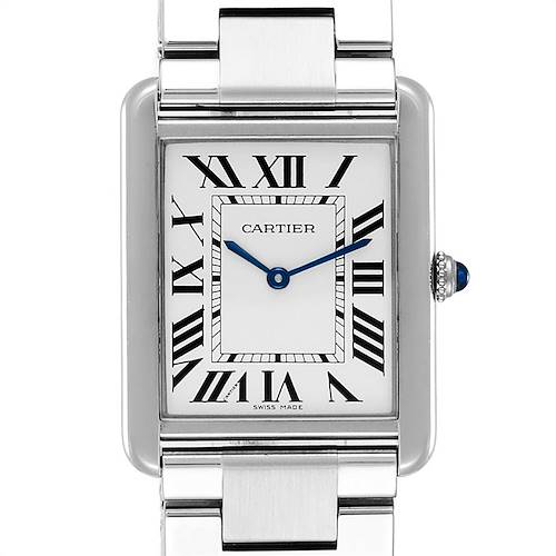 The image shows a front view of the Cartier Tank Solo W5200014 Men's Stainless Steel Silver Dial W5200014 Men's Stainless Steel Silver Dial watch, displaying the face, hands, roman numerals, and part of the metal bracelet.