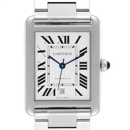 The image displays a front view of the Cartier Tank Solo W5200028 Men's Stainless Steel Silver Dial W5200028 Men's Stainless Steel Silver Dial watch, highlighting its face, bezel, and part of the bracelet.