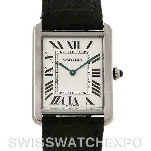 The image shows a front view of a Cartier Tank Solo W1018355 Men's Stainless Steel Silver Dial W1018355 Men's Stainless Steel Silver Dial watch, showcasing its dial, hour markers, and black strap.
