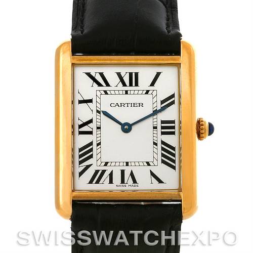 This image shows a front view of a Cartier Tank Solo W1018855 Men's Steel and Gold (two tone) Silver Dial W1018855 Men's Steel and Gold (two tone) Silver Dial watch, highlighting its rectangular face, Roman numerals, and black leather strap.