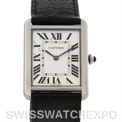 The image shows a frontal view of a Cartier Tank Solo W1018355 Men's Stainless Steel Silver Dial W1018355 Men's Stainless Steel Silver Dial watch with a black leather strap and Roman numeral dial.