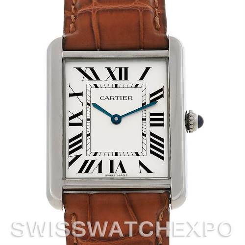 This is a close-up frontal view of a Cartier Tank Solo W1018355 Men's Stainless Steel Silver Dial W1018355 Men's Stainless Steel Silver Dial watch, showcasing the face, bezel, crown, and a portion of the leather strap.